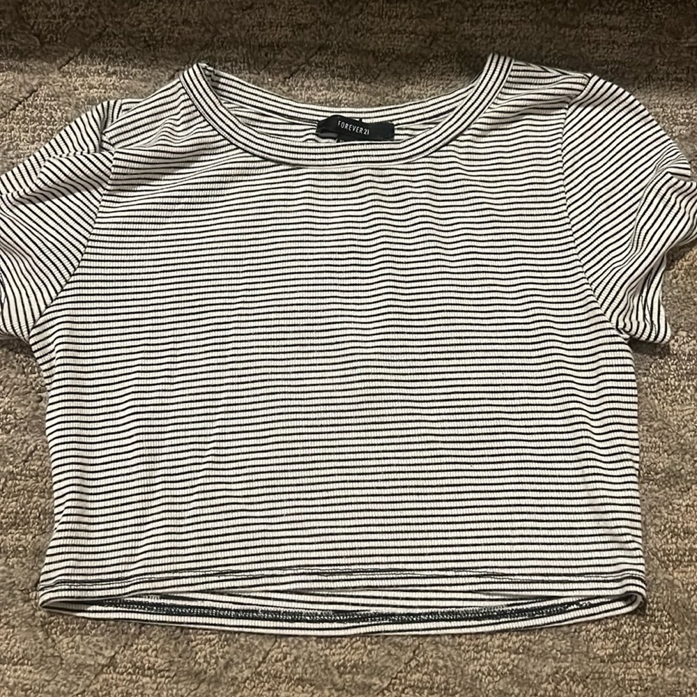 Forever 21, US Large, Black and white horizontal stripes, cropped shirt